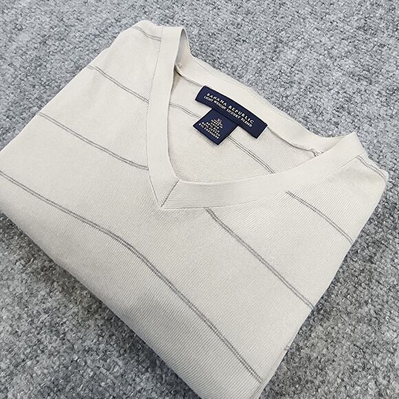 Banana Republic Sweater Mens XL Gray Striped Silk Cashmere Blend V Neck Preppy - Picture 1 of 16